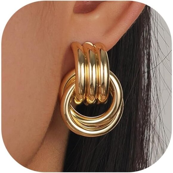 Women's Chunky Gold Lightweight Trendy Jewelry Earrings 14k Gold Plated - Picture 1 of 7